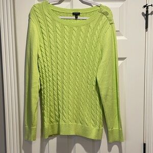 Talbots Bright Lime Cable-Knit Crewneck Sweater with Shoulder Buttons